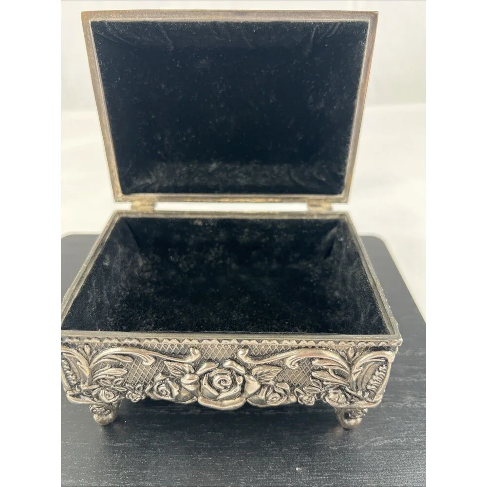 Silver Plated Pewter Rose Jewelry Box Trinket Box Velvet Lined Footed Vintage
